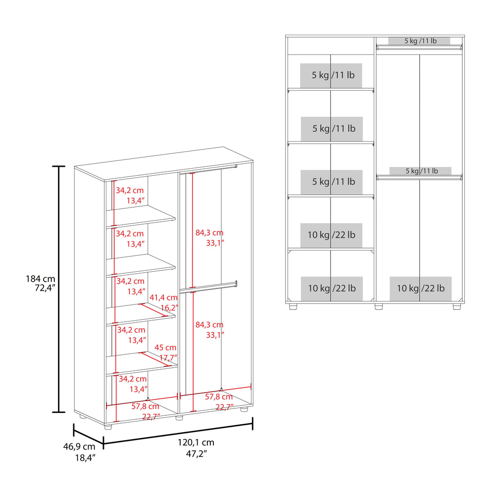 English Elm Eco 72" High 6-Tier Shelf Cabinet Armoire with Two Hanging Rods, Five Shelves, Mobile Storage Unit Multi 79.37 L x 22.83 W x 4.33 H B070S00350