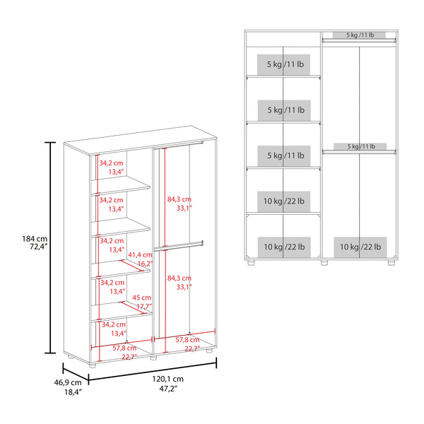 English Elm Eco 72" High 6-Tier Shelf Cabinet Armoire with Two Hanging Rods, Five Shelves, Mobile Storage Unit White 79.37 L x 22.83 W x 4.33 H B070S00349