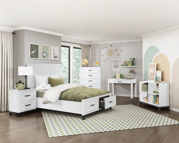 English Elm White Garretson Queen Platform Bed with Built-In Storage Drawers Rustic-Transitional Wood Frame White 71.25 L x 38.5 W x 4.5 H B011S01491