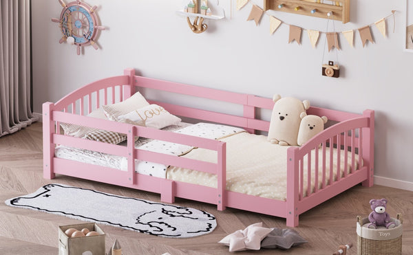 English Elm Twin Montessori Floor Bed Solid Pine Frame with Safety Guardrails for Kids Bedroom Pink N733P400298H