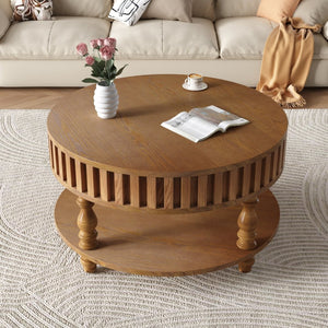 English Elm Farmhouse Fluted Square Coffee Table with Flip Top Hidden Compartment and Open Shelf Walnut Brown W1445P370480