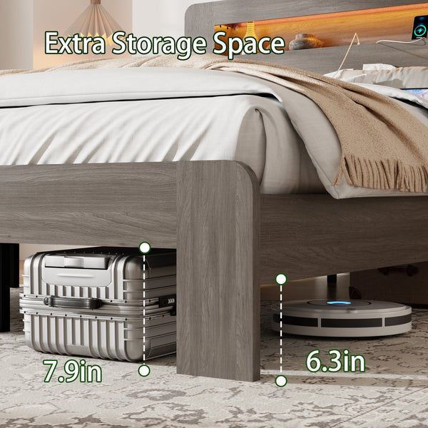 English Elm Bed Frame Full Size With Led Headboard, Usb Ports, Storage & Easy Assembly - Dark Grey Modern Design W636P288788