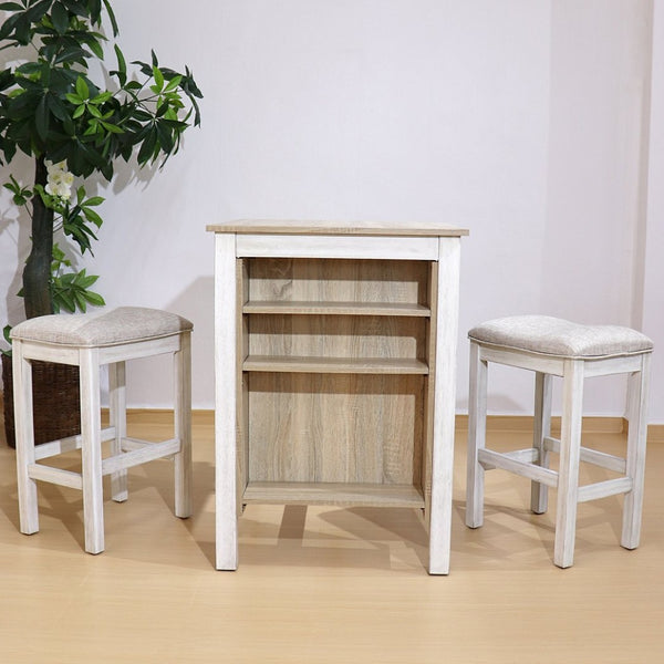 English Elm 3 Piece Counter Height Dining Set with Shelving Cushioned Stools Modern Farmhouse Kitchen Ameican White Oak,Ancient White W2537P369837