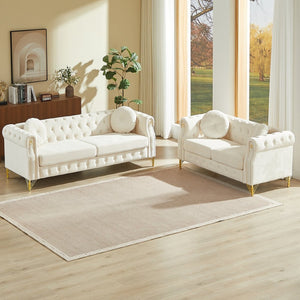 English Elm Velvet Chesterfield Tufted Sofa with Copper Stud Trim and Gold Legs for Glam Living Beige W834S00626