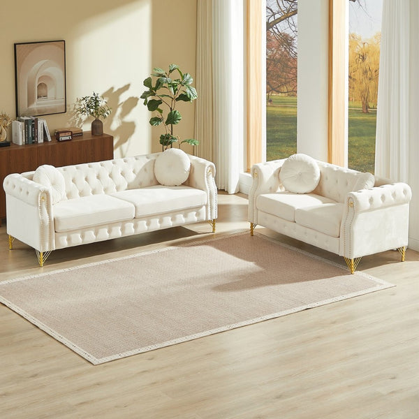 English Elm Velvet Chesterfield Tufted Sofa with Copper Stud Trim and Gold Legs for Glam Living Beige W834S00626