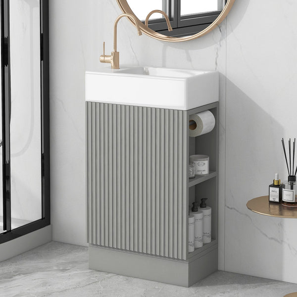 English Elm 18.6" Bathroom Vanity with Sink and Ceramic Top, MDF Cabinet with Door, TP Holder & Shelf Grey N725P212181E
