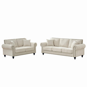 English Elm Modern Chenille 3+2 Seater Sofa with Rolled Arms, Velvet Touch, Nailhead Trim, Solid Wood Legs, Cozy Beige W3373S00022