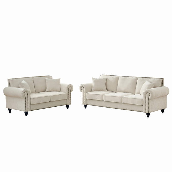 English Elm Modern Chenille 3+2 Seater Sofa with Rolled Arms, Velvet Touch, Nailhead Trim, Solid Wood Legs, Cozy Beige W3373S00022