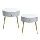 English Elm Φ19.6'' Easy Assembly End Tables With High Gloss Faux Marble Tabletops, Set Of 2, Modern Fluted 2 Side Tables With Drawers, Round Coffee Tables With Golden Legs For Living Room, Grey