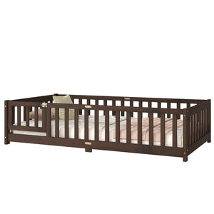 English Elm Twin Low Profile Rubberwood Floor Bed with Full Safety Fence for Toddler Rooms Espresso W504P429279