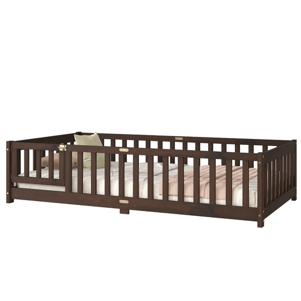 English Elm Twin Low Profile Rubberwood Floor Bed with Full Safety Fence for Toddler Rooms Espresso W504P429279
