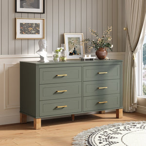 English Elm 6-drawer Double Dresser Solid Wood Legs Mid-century Modern Bedroom Storage Cabinet Olive W1445S00005