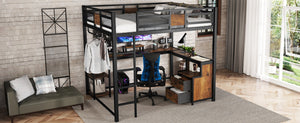 English Elm Queen Loft Bed With Workspace And Storage - Heavy-Duty Metal Frame, Noise-Free Design, Stylish Black W1580S00223-GIGA