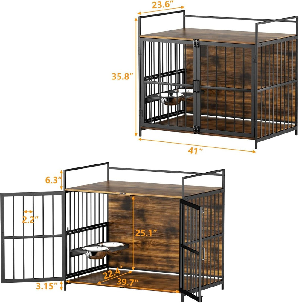 English Elm Dog Crate Furniture Piece with Steel Frame Side Table for Large Breeds Indoor Use T3210P294077