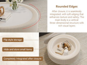 English Elm 31.5" Fluted Leather Round Coffee Table Tempered Glass Lift Top Hidden Storage Modern White W3158P450848