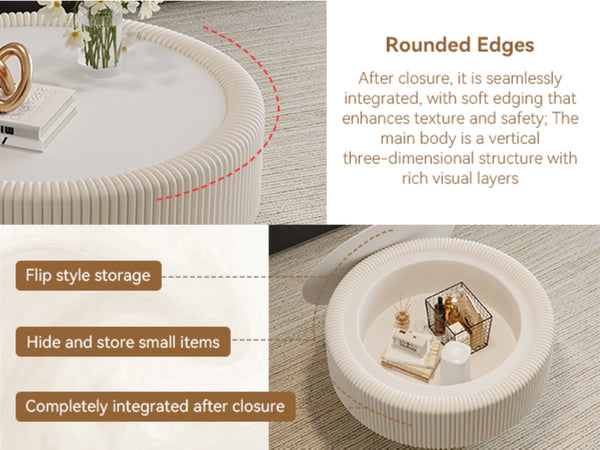 English Elm 31.5" Fluted Leather Round Coffee Table Tempered Glass Lift Top Hidden Storage Modern White W3158P450848
