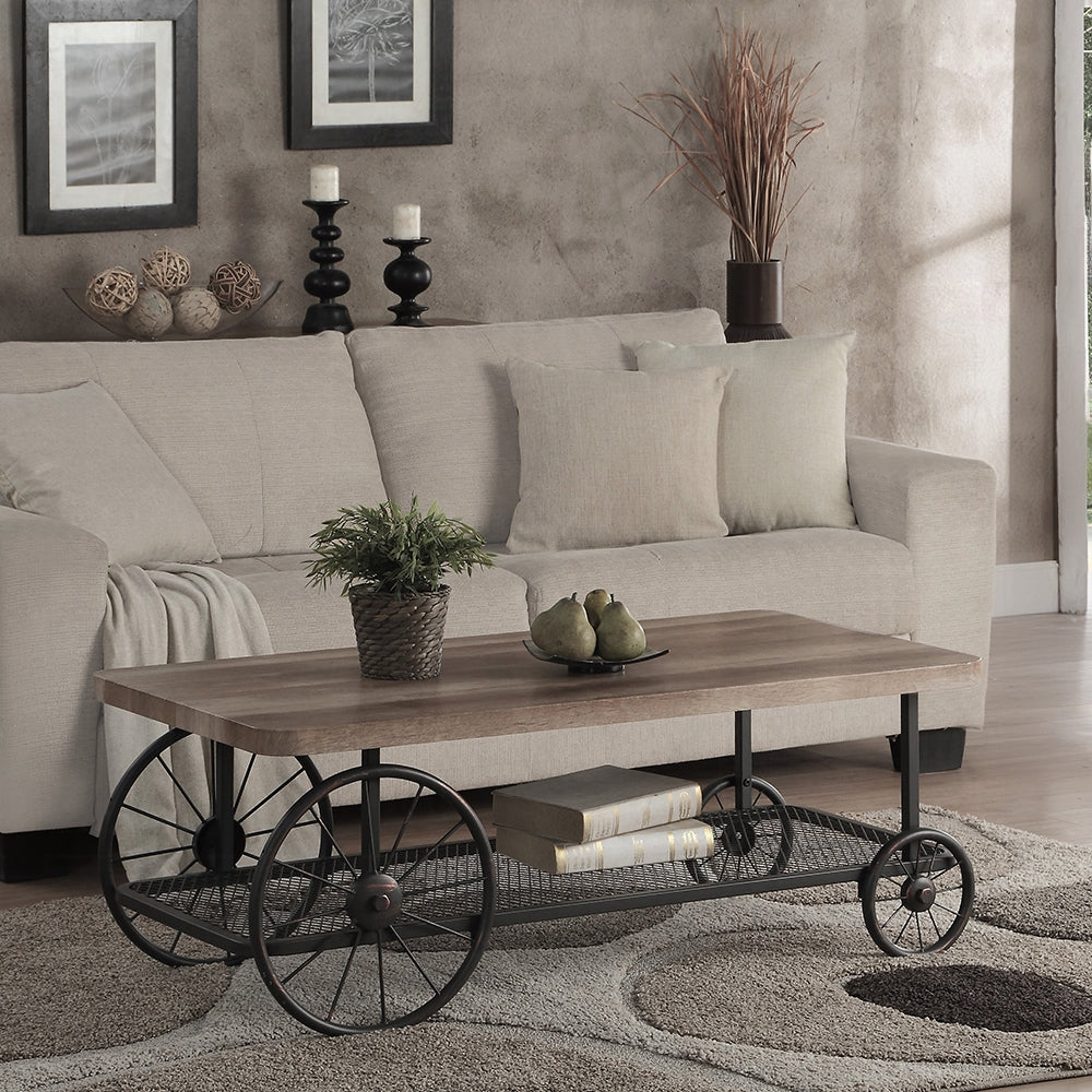 English Elm Oak Coffee Table In Antique Grey Finish With Open Shelf For Stylish Storage & Versatile Use B062P209081
