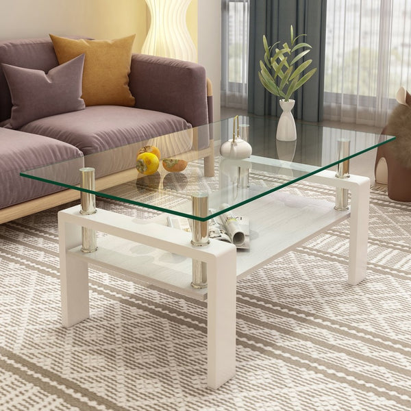 English Elm Rectangle Coffee Table - Modern Tempered Glass Top With Mdf Shelf For Stylish Living Room Organization W241P181456-GIGA