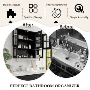 English Elm Bathroom Wall Cabinet with 3 Doors and Glass Panel, MDF Storage Cabinet with Towel Bar, Modern 35.6"L x 10.2"W x 32.5"H Black W757P329724