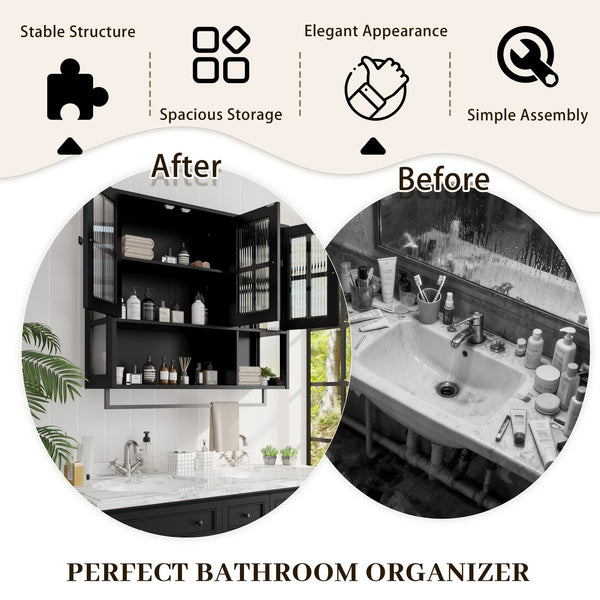 English Elm Bathroom Wall Cabinet with 3 Doors and Glass Panel, MDF Storage Cabinet with Towel Bar, Modern 35.6"L x 10.2"W x 32.5"H Black W757P329724