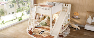 English Elm Full Size Kids Loft Bed Pine Frame Upholstered Headboard Built in Slide and Storage Shelves Beige W1580S00305