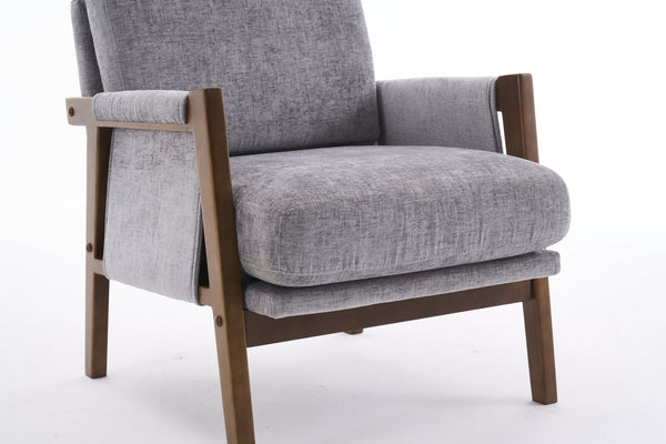 English Elm Mid-Century Solid Wood Accent Chair with Chenille Upholstery, Ergonomic Waist Support, Sturdy 300lb Capacity Gray T3903P372381