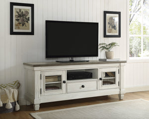 English Elm 1pc TV Stand Granby Collection 64" Two-Tone Wood Media Console with Glass Doors, Drawers & Shelves Antique White 67 L x 21 W x 24 H B011P289729