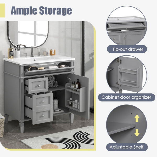 English Elm 30'' Modern Bathroom Vanity With Ceramic Sink, 2 Smooth-Glide Drawers & Tip-Out Compartment Storage N710P206904E