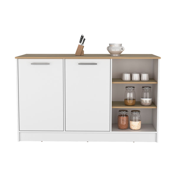 English Elm Kitchen Island With Two Cabinets & Three Open Shelves - Modern White & Natural Oak Storage Solution B097S00143