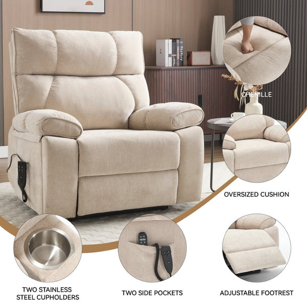 English Elm Beige Chenille Power Lift Recliner Dual Motor Massage Heat 350 Lb Capacity Beige W1803P264021