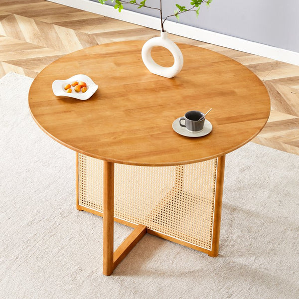 English Elm Chinese Solid Wood Round Table - Rustic Retro Design With Imitation Rattan For Dining & Office Spaces W1151P154825
