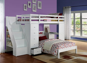 English Elm Freya Twin Loft Bed with White Finish, Bookcase Ladder, Desk & 5-Drawer Storage — Durable, Safe Design B2726S00228