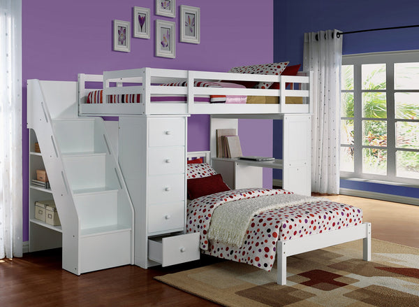 English Elm Freya Twin Loft Bed with White Finish, Bookcase Ladder, Desk & 5-Drawer Storage — Durable, Safe Design B2726S00228