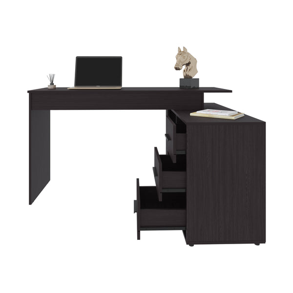 English Elm Upton L-Shape Desk in Black Wengue Finish — Corner Space-Saving Home Office with Open Shelves B200P362021