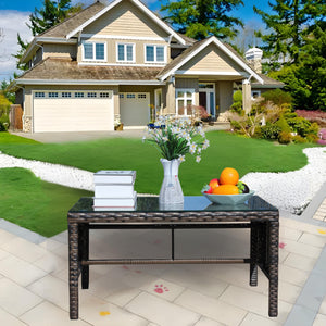 English Elm Outdoor Patio Coffee Table Brown Wicker with 0.2" Tempered Glass Top, Beige Cushion, UV & Water Resistant W20966895