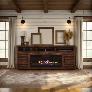 English Elm 78 78 inch Whiskey Electric Fireplace TV Stand Console for TVs to 95", Knotty Alder, Storage, Remote Heat B108P160236