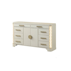 English Elm Jasmine 8-Drawer Dresser with Corner LED Lights, Gold Pulls, Beige Wood Finish for Elegant Storage G150109063