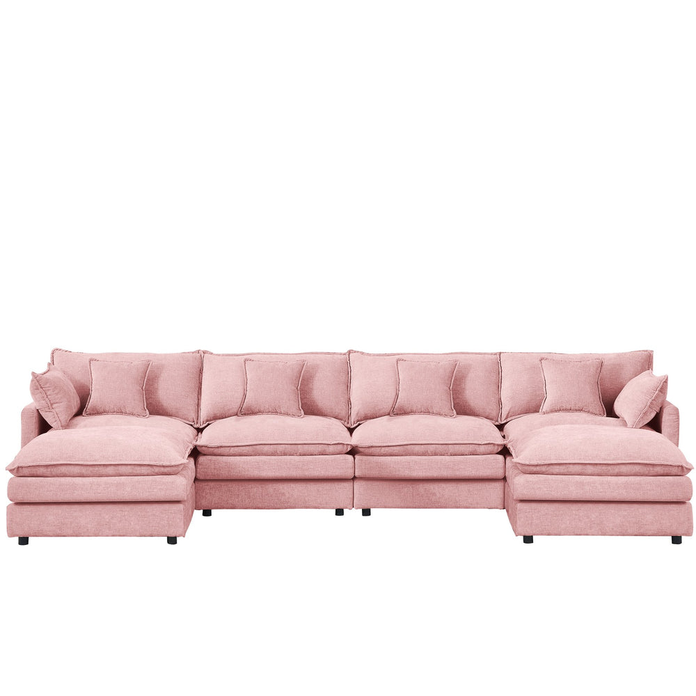 English Elm Modular U-Shaped Sectional Sofa, 4-Seater Pink Chenille Couch With Movable Ottomans For Custom Comfort W1359S00037