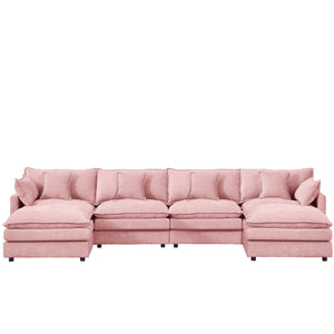 English Elm Modular U-Shaped Sectional Sofa, 4-Seater Pink Chenille Couch With Movable Ottomans For Custom Comfort W1359S00037