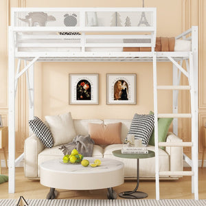 English Elm Queen Metal High Loft Bed with Storage Shelf and Ladder for Teens Small Spaces W2580P351278