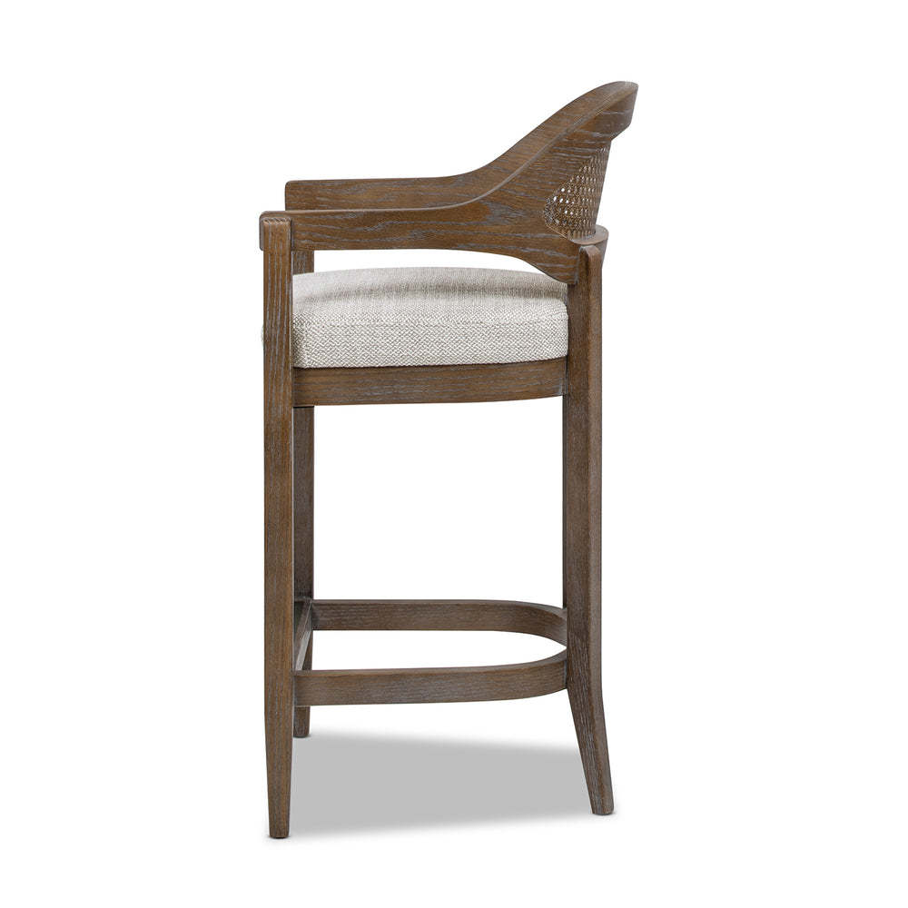 English Elm Jennifer Taylor Home - Americana Mid-Century 26" Cane Back Counter Stool — Handmade Oak Frame, Two-Tone Gray Wool Blend, Brass Footrest B2719P395564