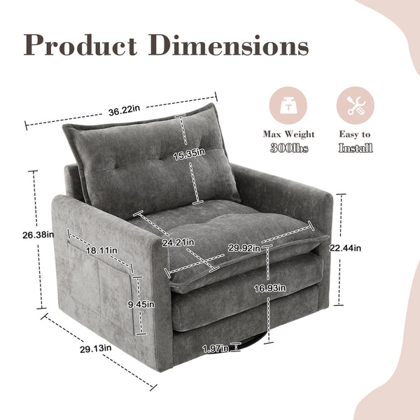 English Elm UNITED Swivel Barrel Chair with Chenille Upholstery, 360° Smooth Rotation, Padded Arm Comfort and Side Pockets for Living Room Relaxation Gray W1568P290087