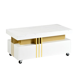 English Elm Faux Marble Rectangular Coffee Table with Gold Bars Drawers and Caster Wheels White WF305961AAK