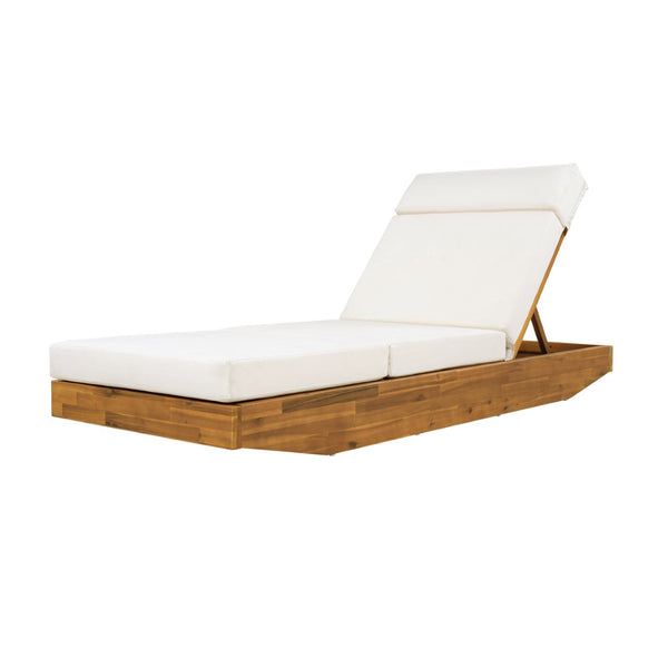 English Elm Boat-shape Acacia Wood Outdoor Chaise Lounge Slatted Teak Finish Poolside Recliner Cream,Teak N770P380117T_N770P285267C