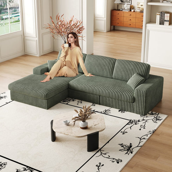 English Elm 114.5'Modern Corduroy Modular sofa with reversible chaise, slow-rebound foam cushions and versatile L-shape seating Green W834S00459