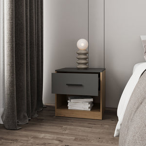 English Elm Kemp Modern Nightstand in Matt Grey & Macadamia — Engineered Wood, Smooth-Glide Drawer, Open Shelf B092P286125