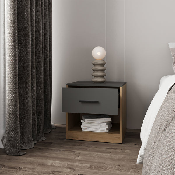 English Elm Kemp Modern Nightstand in Matt Grey & Macadamia — Engineered Wood, Smooth-Glide Drawer, Open Shelf B092P286125