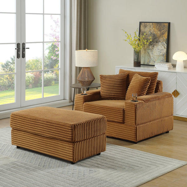 English Elm sofa Oversized Corduroy Deep-Seat Chaise with Ottoman and Lumbar Support — Plush, Sturdy Comfort Brown W1420S00011