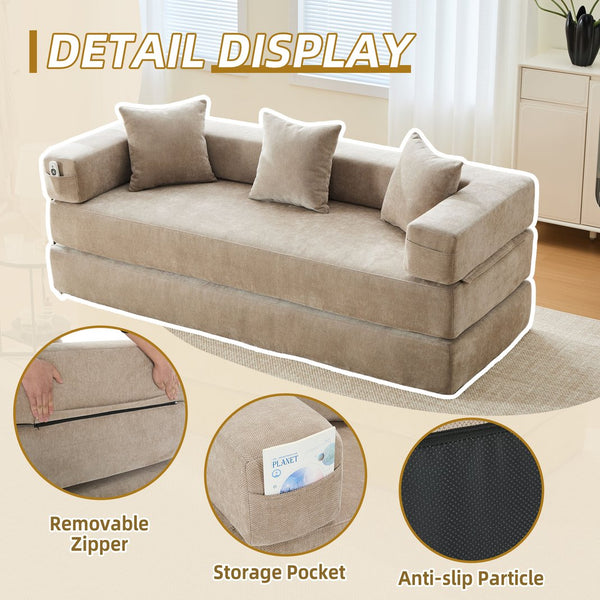 English Elm UNITED Folding Sofa Bed with Removable Cover Zipper, Chenille Memory Foam Sleeper for Small Spaces khaki W1568P293804