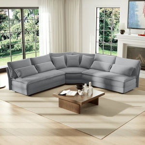 English Elm 5-seater Curved Corner Sectional Sofa Ribbed Corduroy Upholstery with Seven Accent Pillows W2606S00015